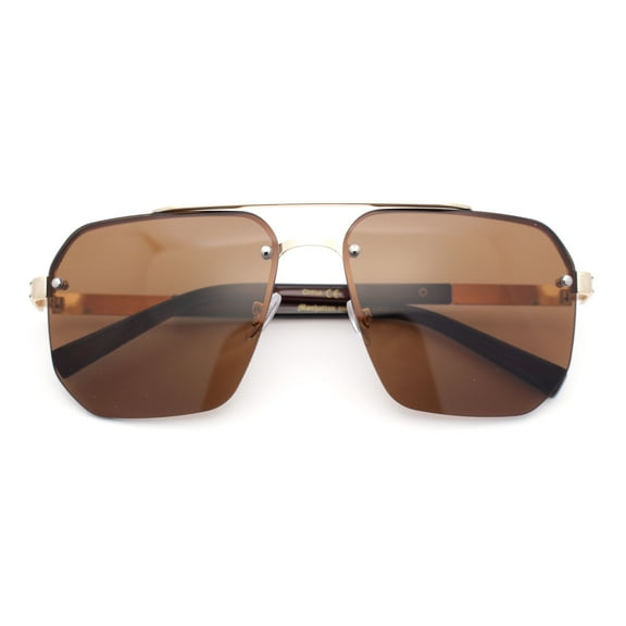 Mens Luxury Large Rectangle Designer Rimless Metal Rim Mogul Sunglasses Gold Brown - Brown