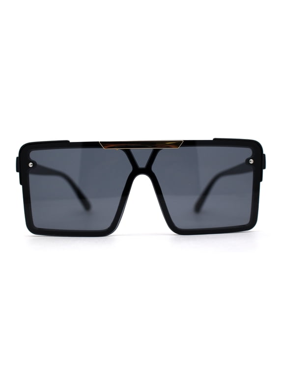 Mens Luxury Mod Rimless Block Lens Shield Oversize Sunglasses All Black