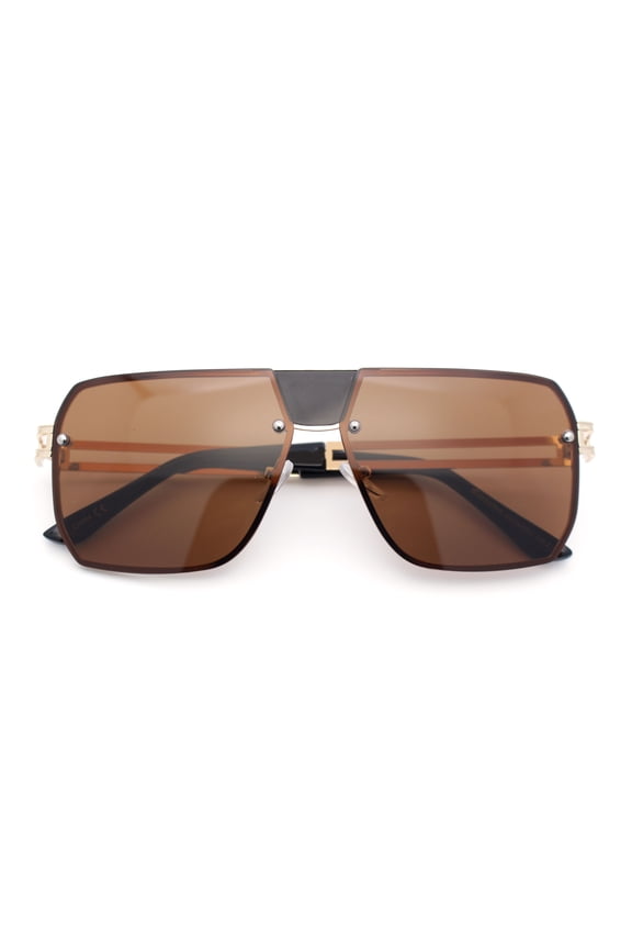 Mens Luxury Oversized Rimless Mob Racer Metal Rim Sunglasses Gold - Brown