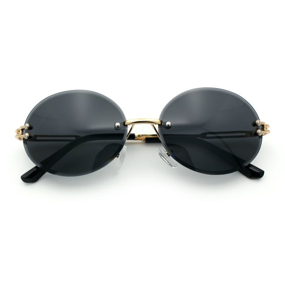 Mens Luxury Rimless Oval Rich Gangster Metal Rim Sunglasses Gold - Black