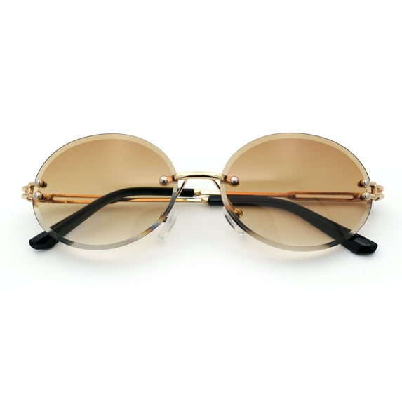 Mens Luxury Rimless Oval Rich Gangster Metal Rim Sunglasses Gold - Brown