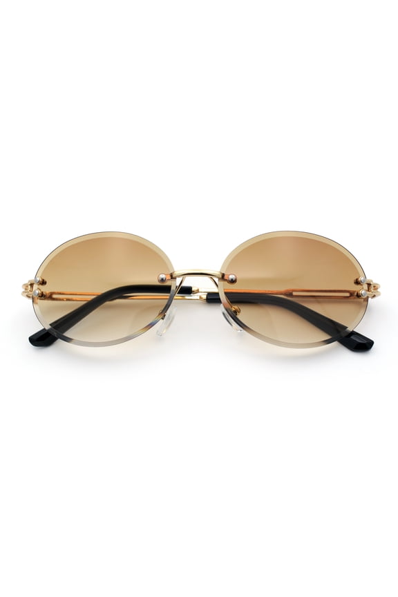 Mens Luxury Rimless Oval Rich Gangster Metal Rim Sunglasses Gold - Brown