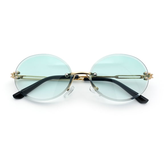 Mens Luxury Rimless Oval Rich Gangster Metal Rim Sunglasses Gold - Green