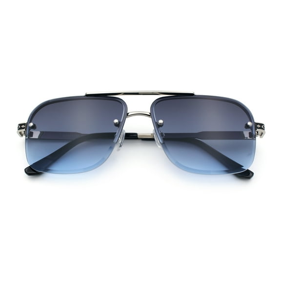 Mens Luxury Rimless Rectangle Mafia Metal Rim Racer Mob Sunglasses Silver - Navy
