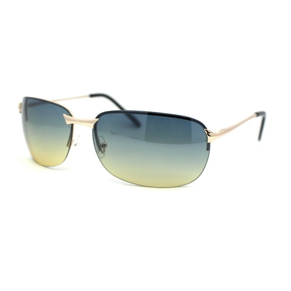 Mens Luxury Rimless Rectangle Oval Metal Rim Sunglasses Gold - Green Yellow