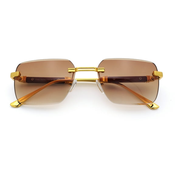 Mens Luxury Urban Gangster Beveled Rimless Rectangle Sunglasses Gold - Brown