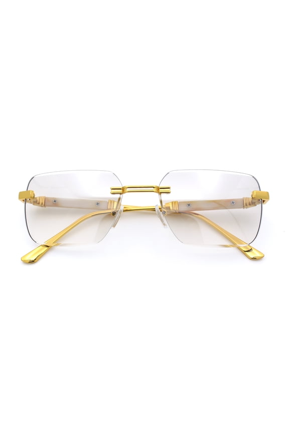 Mens Luxury Urban Gangster Beveled Rimless Rectangle Sunglasses Gold - Clear Mirror