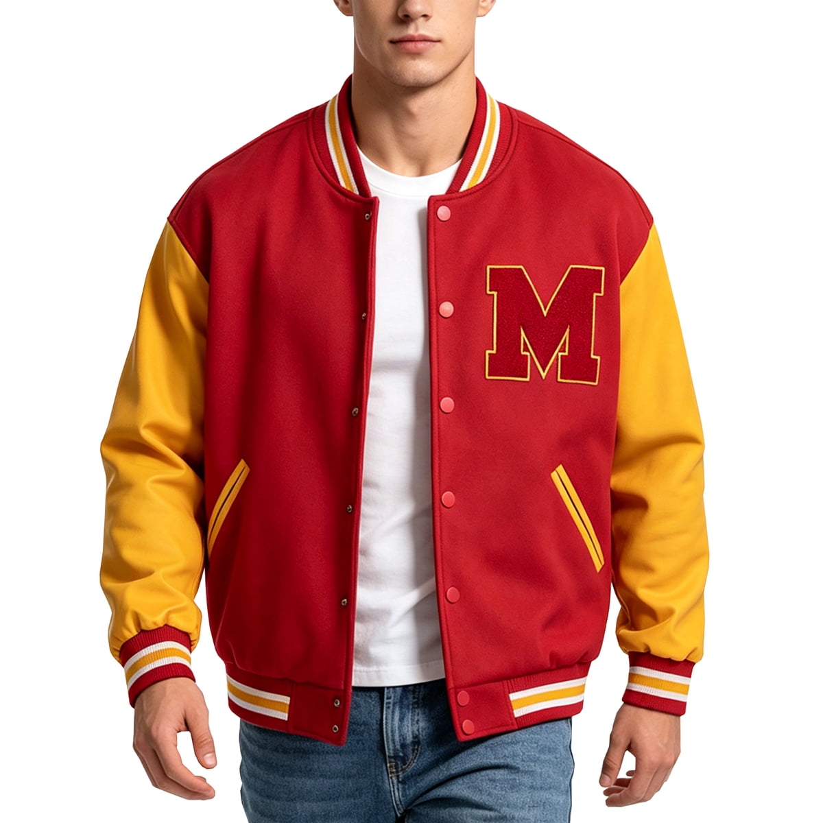 Men's Vintage M Letterman Varsity Jacket with PU Leather Sleeves - Red & Yellow