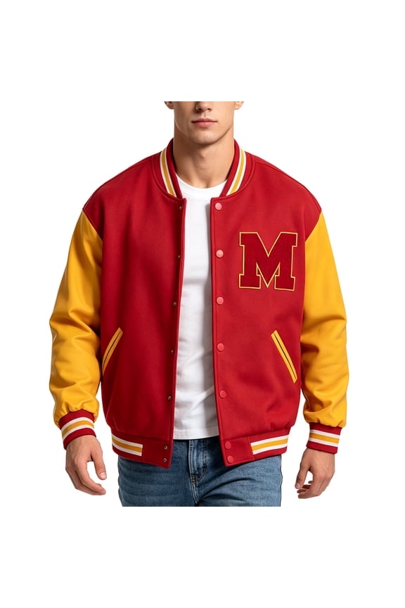 Men's "M" Letter Varsity Jacket Vintage Letterman with PU Leather Sleeves Red & Yellow XL