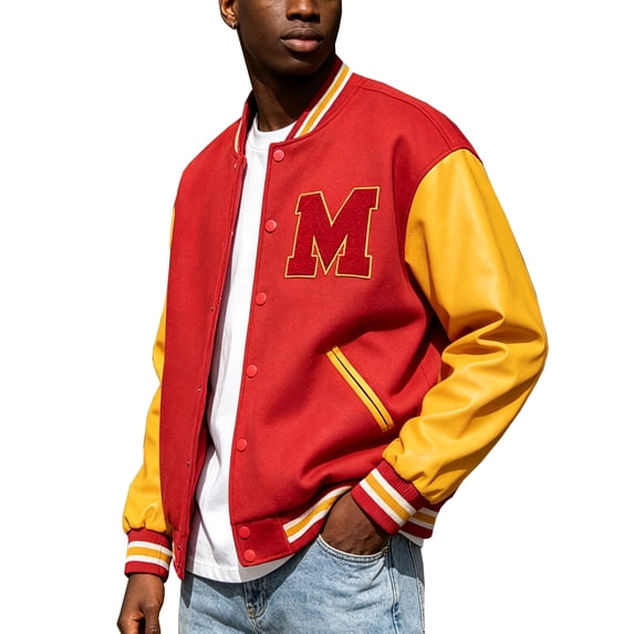 RAOENJADO Men's "M" Letter Varsity Jacket Letterman Style with PU Leather Sleeves