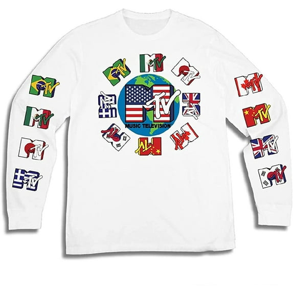 Mens MTV Long Sleeve Shirt - #TBT Mens 1980's 1990'S Clothing - I Want My MTV Music Television T-Shirt MTV Flags, Medium
