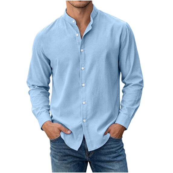 Mens Mandarin Collar Cotton Linen Button Down Shirt, Lightweight Long Sleeve Basic Casual Loose Fit Beach Shirts for Spring Summer Daily Vacation Business Light Blue