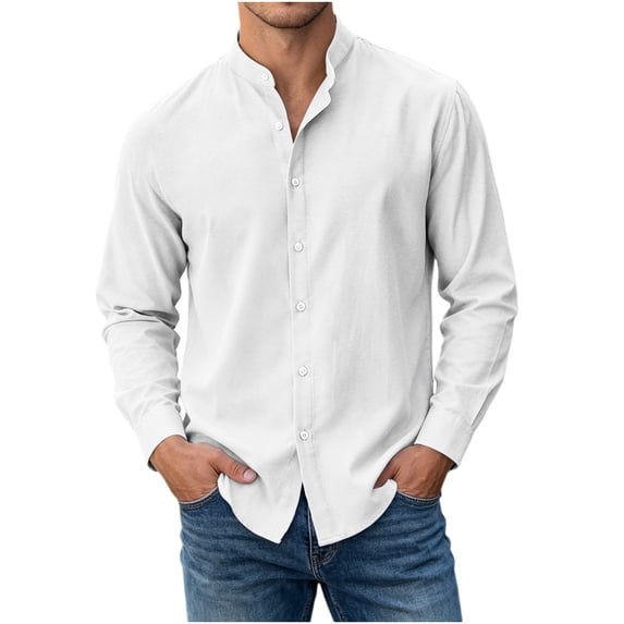 Mens Mandarin Collar Cotton Linen Button Down Shirt, Lightweight Long Sleeve Basic Casual Loose Fit Beach Shirts for Spring Summer Daily Vacation Business White