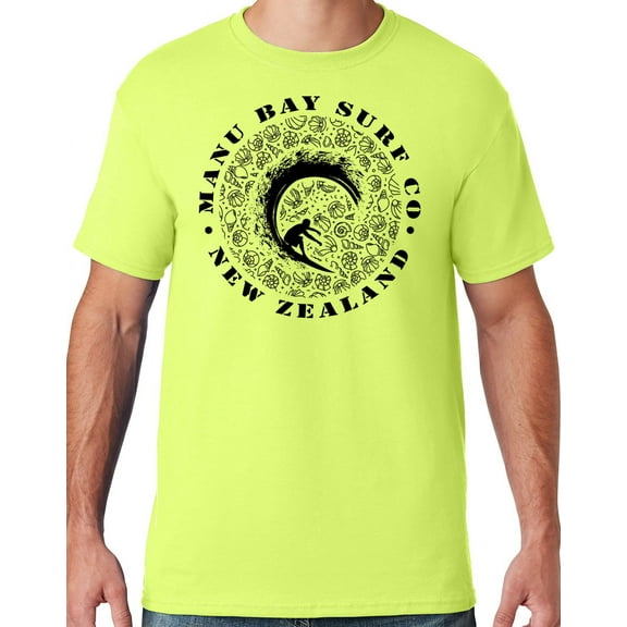 Mens Manu Bay Surf Company BLACK BARREL SURFER T-shirt, 2XL Safety Green