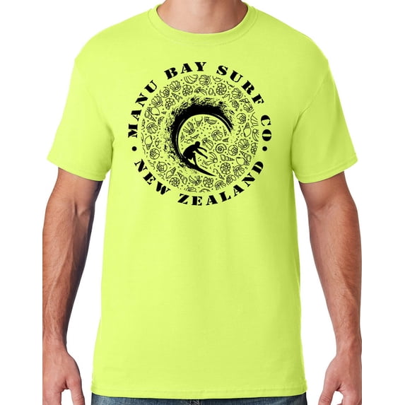 Mens Manu Bay Surf Company BLACK BARREL SURFER T-shirt, 2XL Safety Green