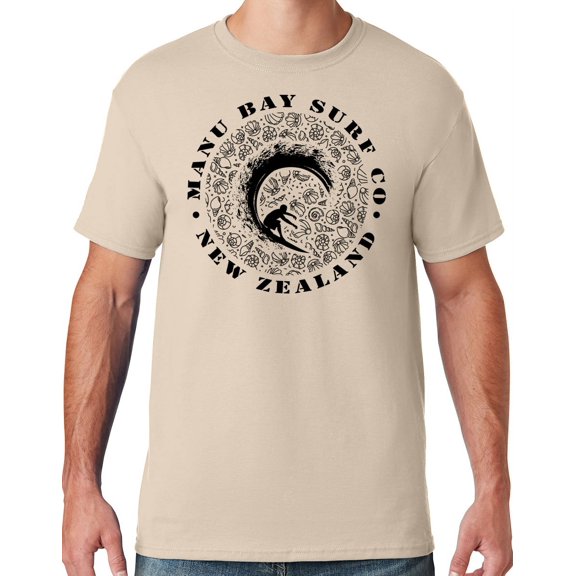 Mens Manu Bay Surf Company BLACK BARREL SURFER T-shirt, 2XL Sandstone