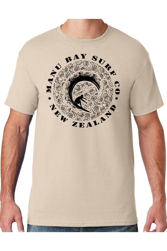 Mens Manu Bay Surf Company BLACK BARREL SURFER T-shirt, Large Sandstone