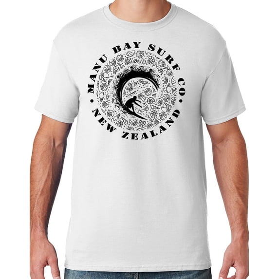 Mens Manu Bay Surf Company BLACK BARREL SURFER T-shirt, Small White