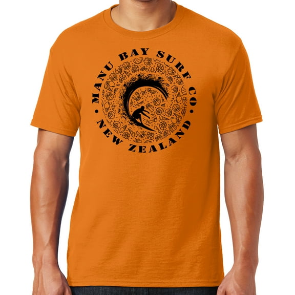 Mens Manu Bay Surf Company BLACK BARREL SURFER T-shirt, XL Tennessee Orange