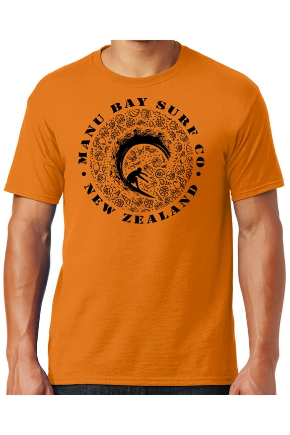 Mens Manu Bay Surf Company BLACK BARREL SURFER T-shirt, XL Tennessee Orange