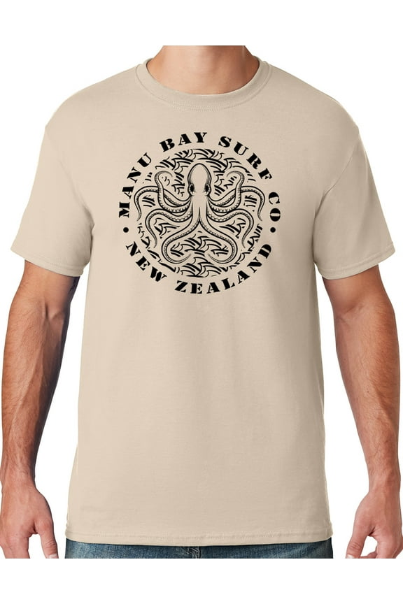 Mens Manu Bay Surf Company BLACK OCTOPUS T-shirt, Large Sandstone