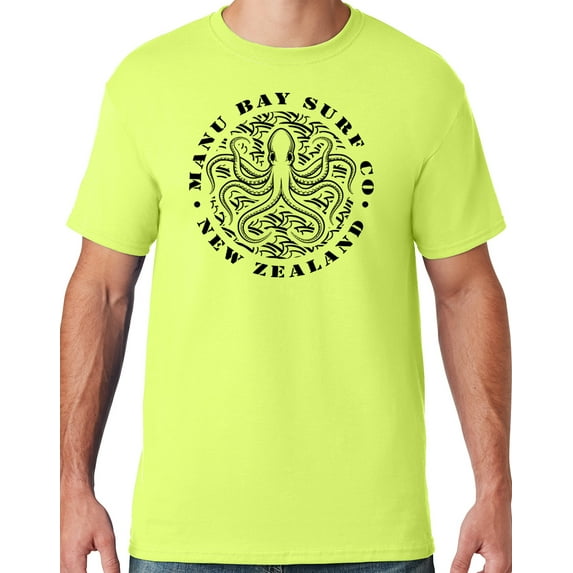 Mens Manu Bay Surf Company BLACK OCTOPUS T-shirt, XL Safety Green