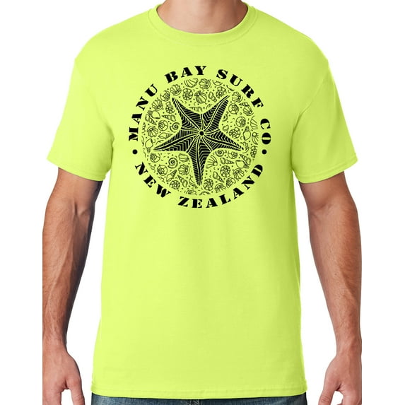 Mens Manu Bay Surf Company BLACK STARFISH T-shirt, XL Safety Green