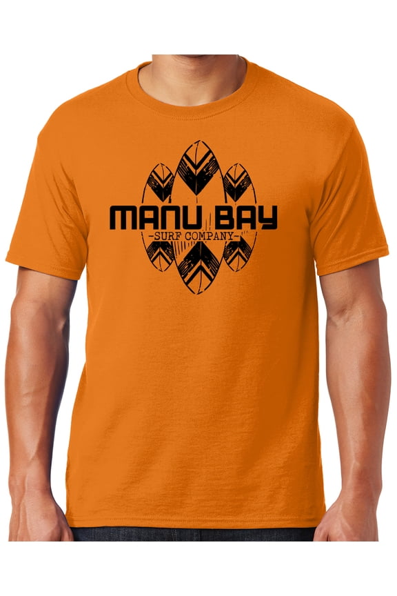 Mens Manu Bay Surf Company BLACK SURFBOARDS T-shirt, Large Tennessee Orange