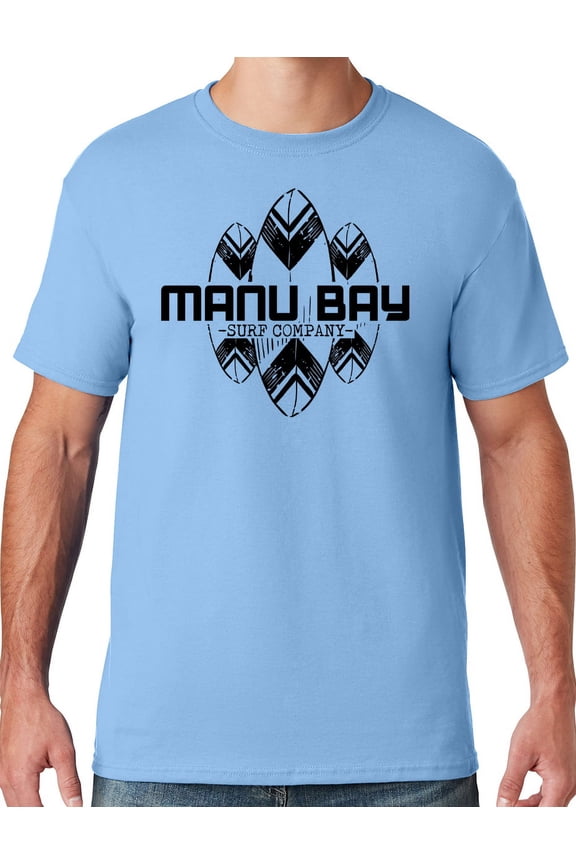 Mens Manu Bay Surf Company BLACK SURFBOARDS T-shirt, Medium Light Blue