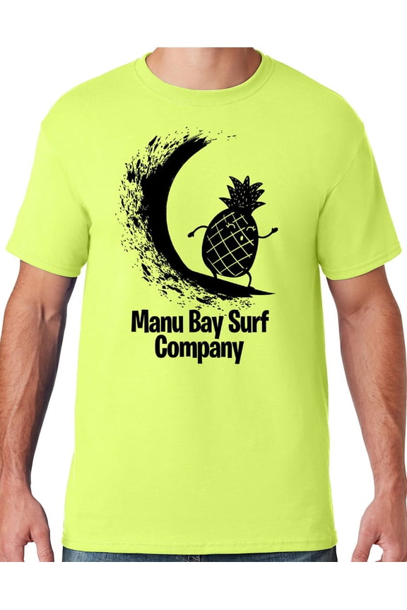 Mens Manu Bay Surf Company BLACK SURFING PINEAPPLE T-shirt, Large Safety Green