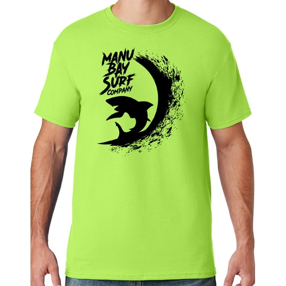 Mens Manu Bay Surf Company BLACK SURFING SHARK T-shirt, 3XL Neon Green