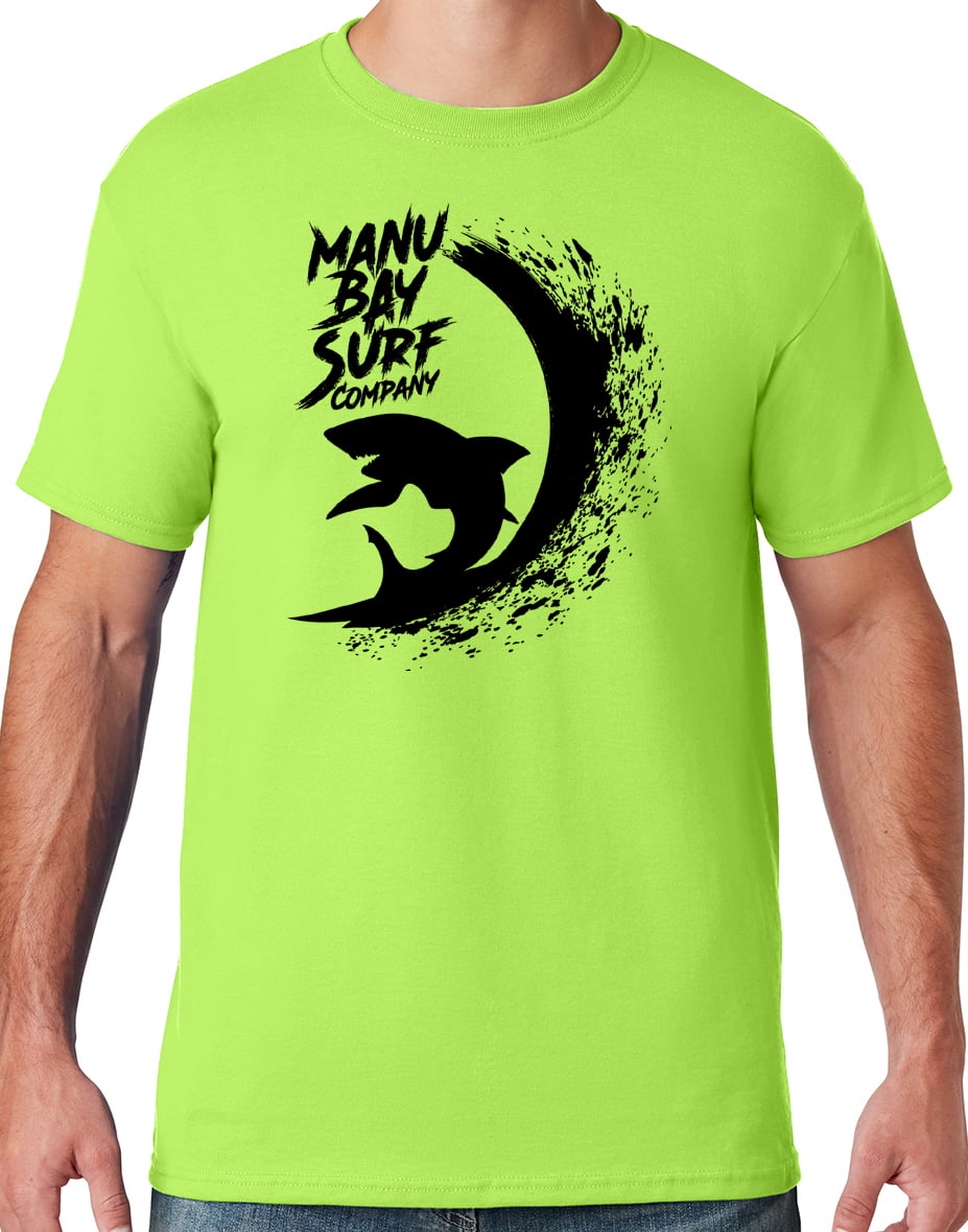 Mens Manu Bay Surf Company BLACK SURFING SHARK T-shirt, 4XL Neon Green 