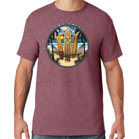 Mens Manu Bay Surf Company JUST CHILL SURFING T-shirt, 2XL Vintage Heather Maroon