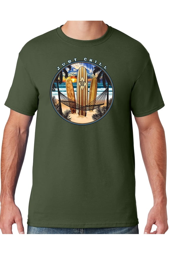 Mens Manu Bay Surf Company JUST CHILL SURFING T-shirt, 3XL Military Green