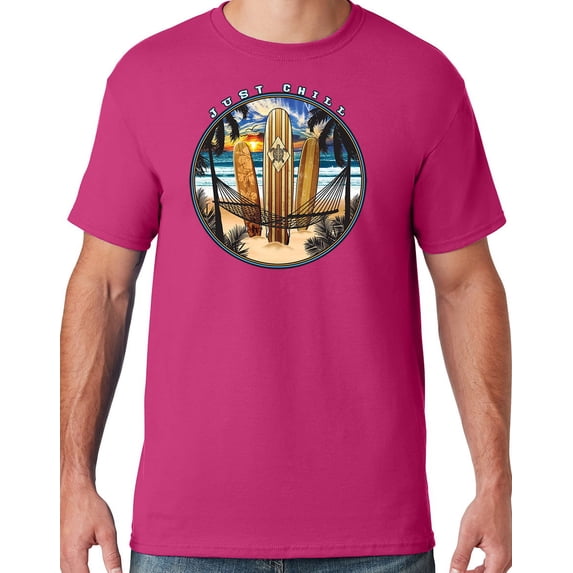 Mens Manu Bay Surf Company JUST CHILL SURFING T-shirt, 4XL Cyber Pink