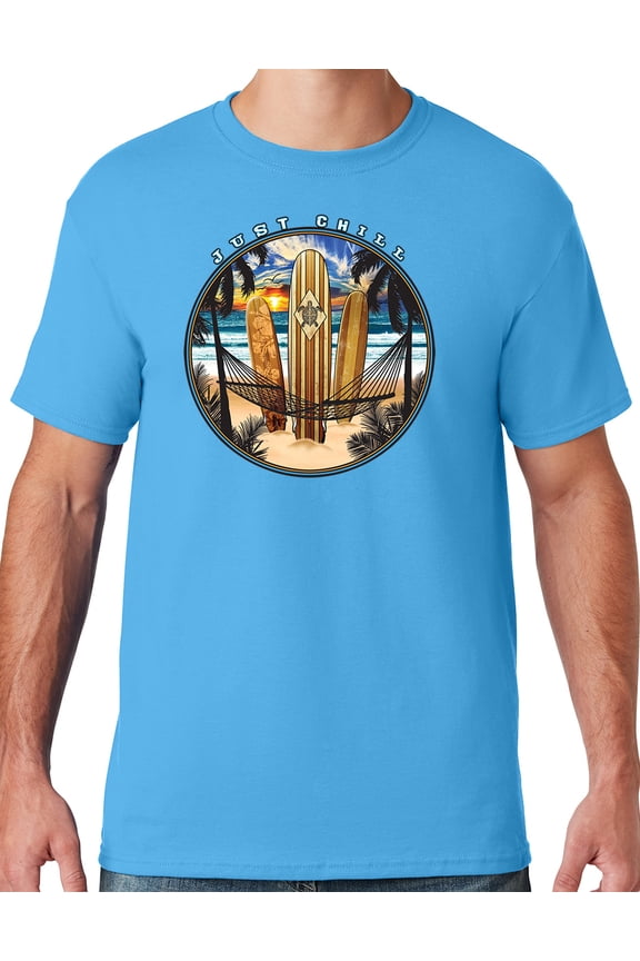 Mens Manu Bay Surf Company JUST CHILL SURFING T-shirt, Large Aqua Blue