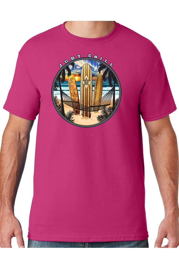 Mens Manu Bay Surf Company JUST CHILL SURFING T-shirt, Large Cyber Pink
