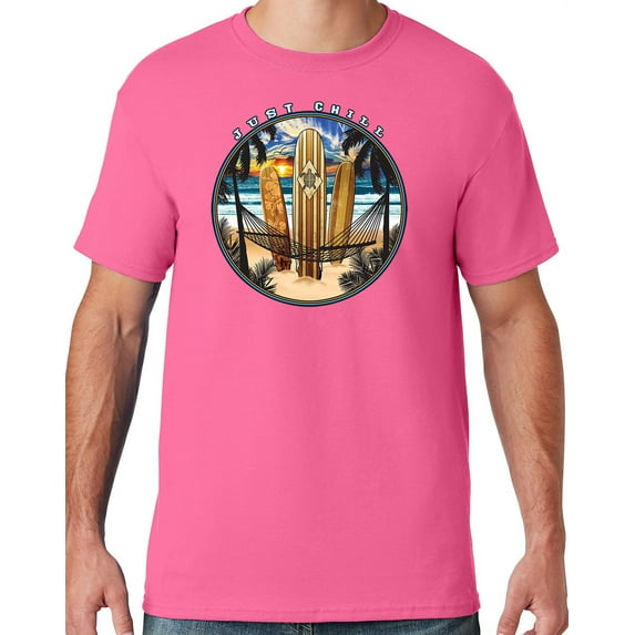 Mens Manu Bay Surf Company JUST CHILL SURFING T-shirt, Large Neon Pink