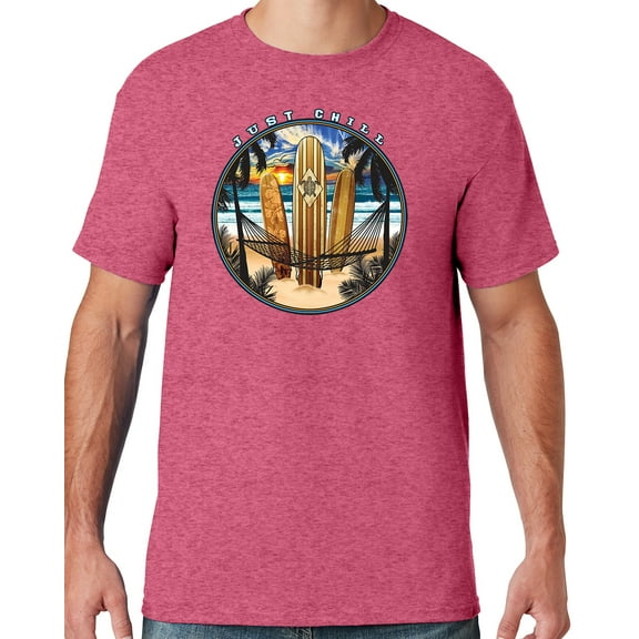 Mens Manu Bay Surf Company JUST CHILL SURFING T-shirt, Large Vintage Heather Red