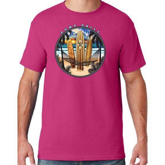 Mens Manu Bay Surf Company JUST CHILL SURFING T-shirt, Medium Cyber Pink