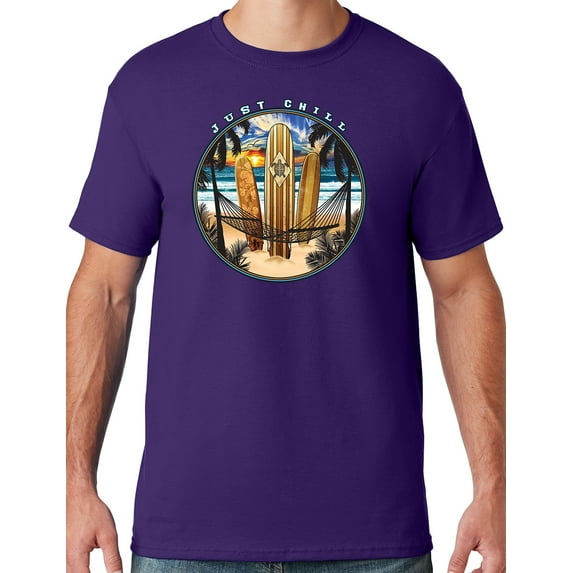 Mens Manu Bay Surf Company JUST CHILL SURFING T-shirt, Medium Deep Purple