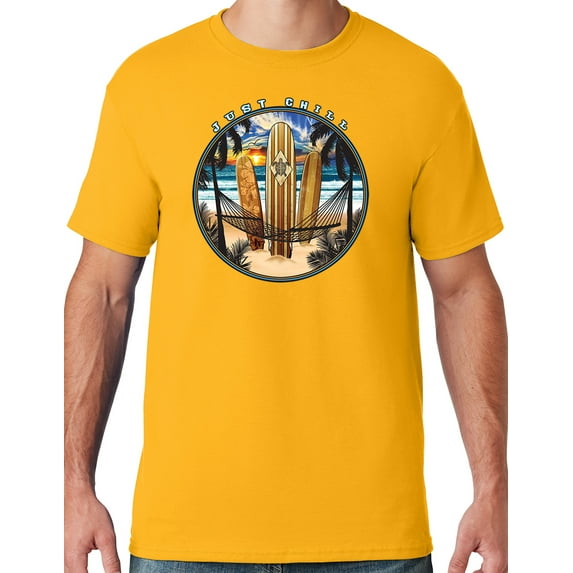 Mens Manu Bay Surf Company JUST CHILL SURFING T-shirt, Medium Gold