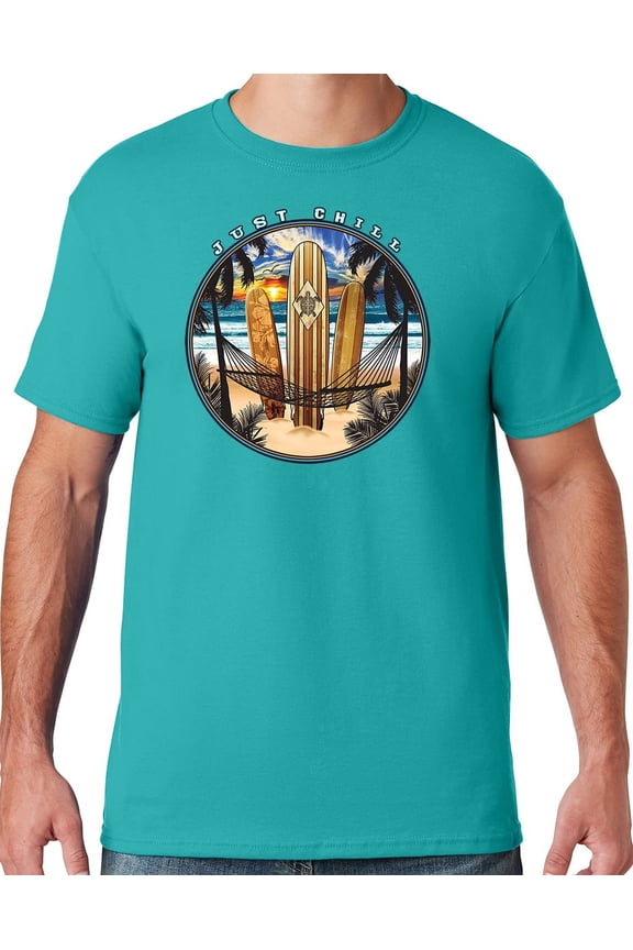 Mens Manu Bay Surf Company JUST CHILL SURFING T-shirt, Medium Jade