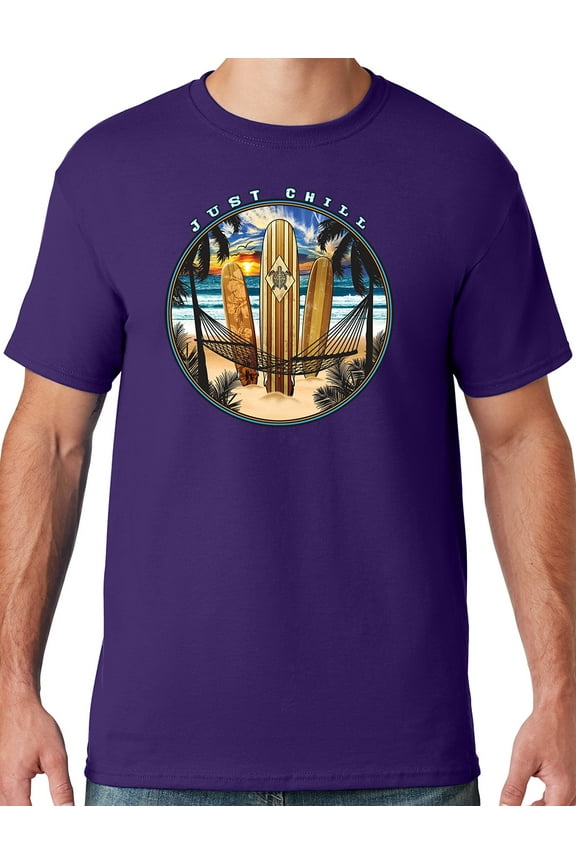 Mens Manu Bay Surf Company JUST CHILL SURFING T-shirt, Small Deep Purple