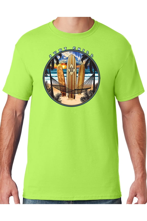 Mens Manu Bay Surf Company JUST CHILL SURFING T-shirt, Small Neon Green