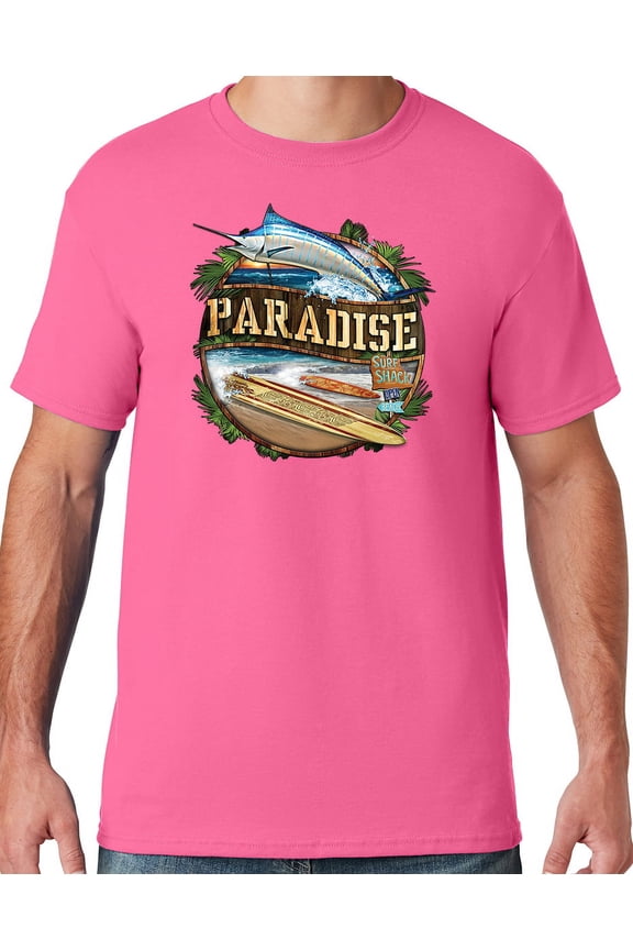 Mens Manu Bay Surf Company PARADISE SURF SHACK MARLIN T-shirt, Medium Neon Pink