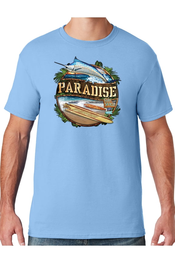 Mens Manu Bay Surf Company PARADISE SURF SHACK MARLIN T-shirt, Small Light Blue
