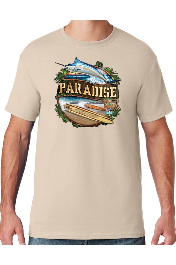 Mens Manu Bay Surf Company PARADISE SURF SHACK MARLIN T-shirt, Small Sandstone