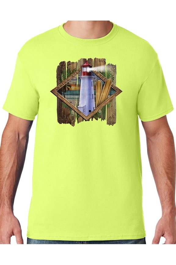 Mens Manu Bay Surf Company SURF LIGHTHOUSE T-shirt, Large Safety Green
