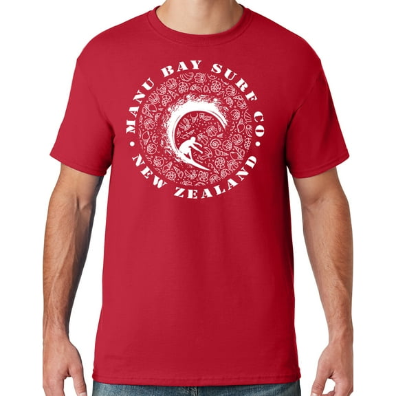 Mens Manu Bay Surf Company WHITE BARREL SURFER T-shirt, Large True Red